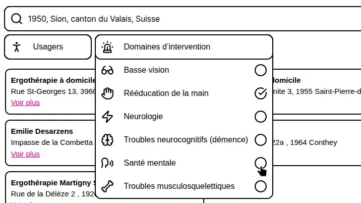 Les filtres disponibles couvrent des domaines tels que la mauvaise vue, la rééducation de la main, la neurologie, les troubles neurocognitifs, la santé mentale et les troubles musculosquelettiques.