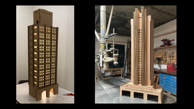 The physical design of the showcase was created and staged by Simon César Forclaz. As a backdrop, he built and illuminated a miniature city made of recycled cardboard, cut with a laser.